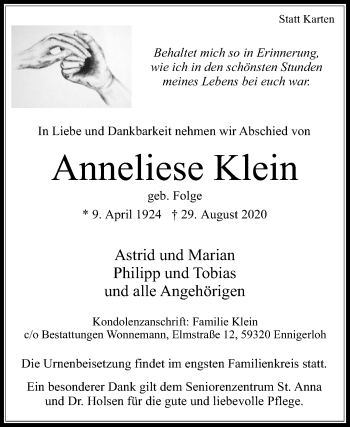 Traueranzeige von Anneliese Klein von Die Glocke