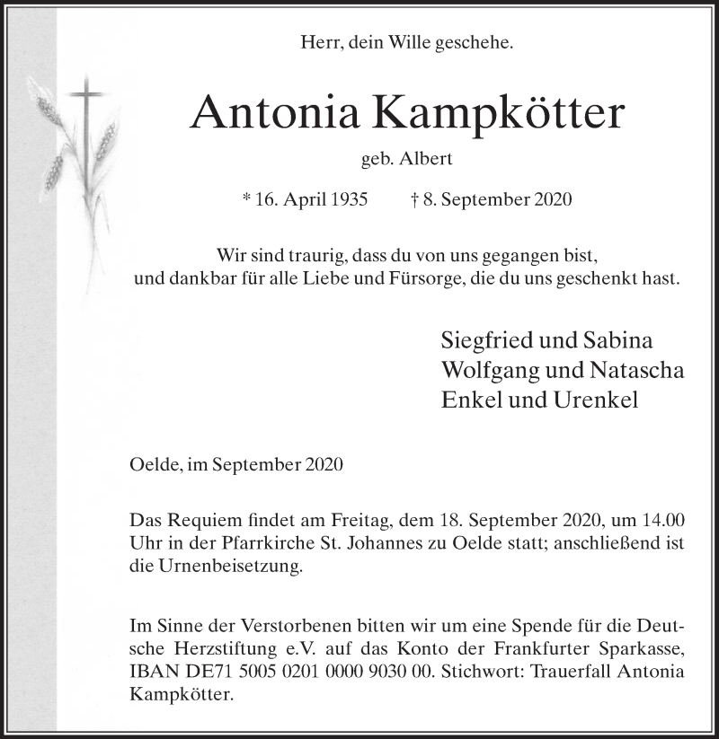  Traueranzeige für Antonia Kampkötter vom 12.09.2020 aus Die Glocke
