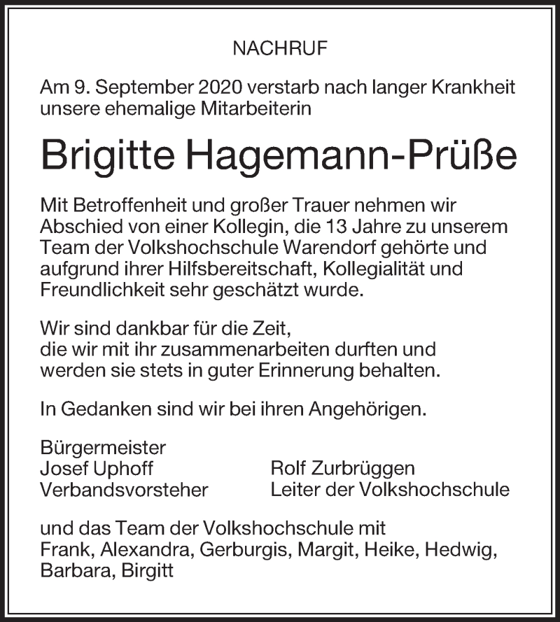  Traueranzeige für Brigitte Hagemann-Prüße vom 19.09.2020 aus Die Glocke