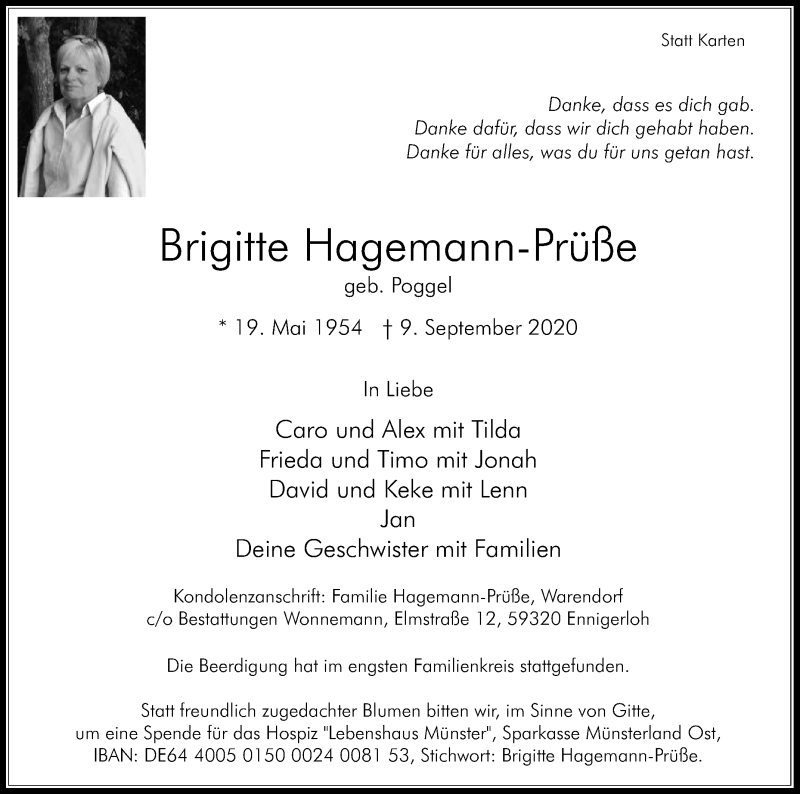  Traueranzeige für Brigitte Hagemann-Prüße vom 19.09.2020 aus Die Glocke