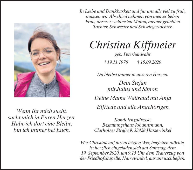  Traueranzeige für Christina Kiffmeier vom 17.09.2020 aus Die Glocke