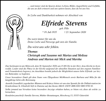 Traueranzeige von Elfriede Stevens von Die Glocke