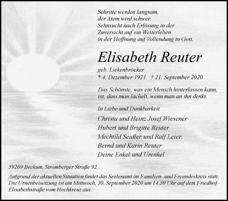  Traueranzeige für Elisabeth Reuter vom 26.09.2020 aus Die Glocke