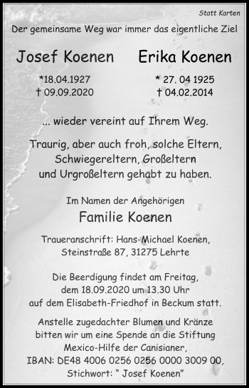 Traueranzeige von Erika Koenen von Die Glocke