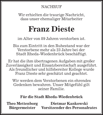 Traueranzeige von Franz Dieste von Die Glocke