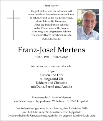 Traueranzeige von Franz-Josef Mertens von Die Glocke