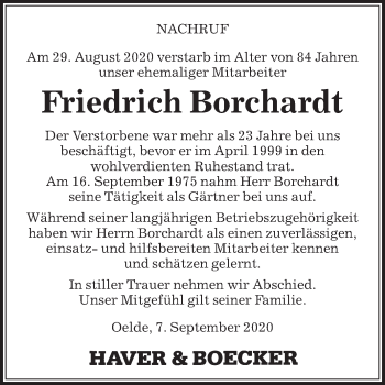 Traueranzeige von Friedrich Borchardt von Die Glocke