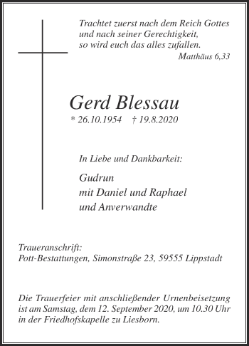 Traueranzeige von Gerd Blessau von Die Glocke