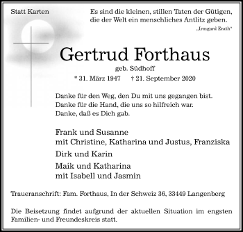 Traueranzeige von Gertrud Forthaus von Die Glocke