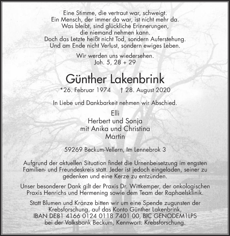  Traueranzeige für Günther Lakenbrink vom 02.09.2020 aus Die Glocke