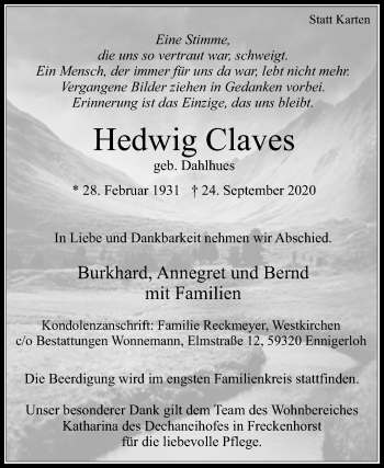 Traueranzeige von Hedwig Claves von Die Glocke