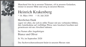 Traueranzeige von Heinrich Krakenberg von Die Glocke