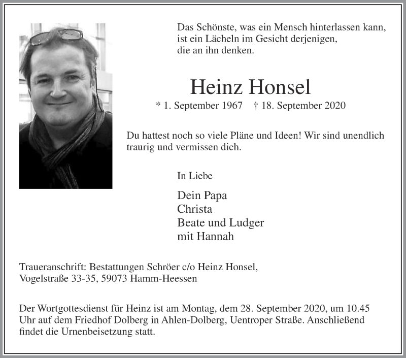  Traueranzeige für Heinz Honsel vom 24.09.2020 aus Die Glocke