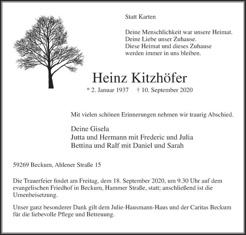  Traueranzeige für Heinz Kitzhöfer vom 12.09.2020 aus Die Glocke