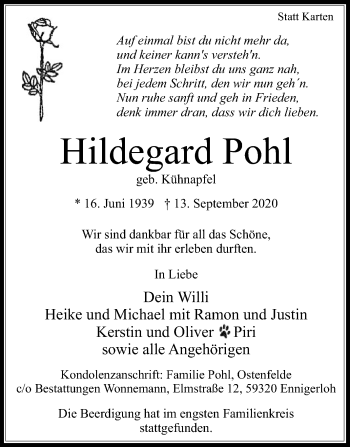 Traueranzeige von Hildegard Pohl von Die Glocke