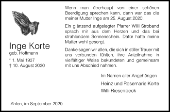 Traueranzeige von Inge Korte von Die Glocke