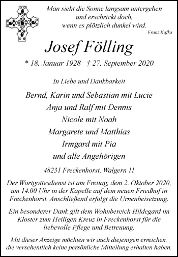 Traueranzeige von Josef Fölling von Die Glocke