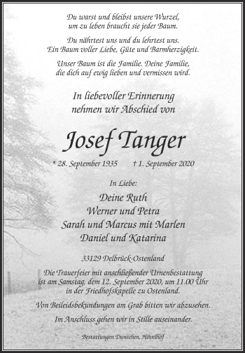 Traueranzeige von Josef Tanger von Die Glocke