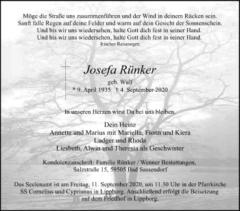 Traueranzeige von Josefa Rünker von Die Glocke