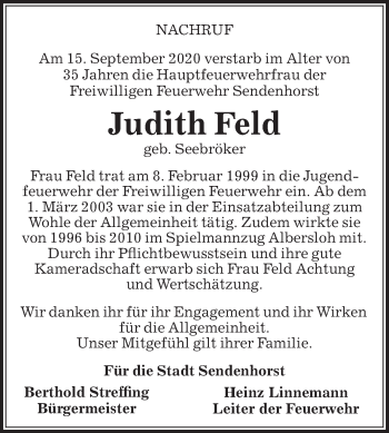 Traueranzeige von Judith Feld von Die Glocke