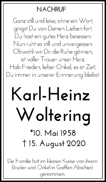 Traueranzeige von Karl-Heinz Woltering von Die Glocke