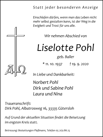 Traueranzeige von Liselotte Pohl von Die Glocke