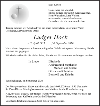 Traueranzeige von Ludger Hock von Die Glocke