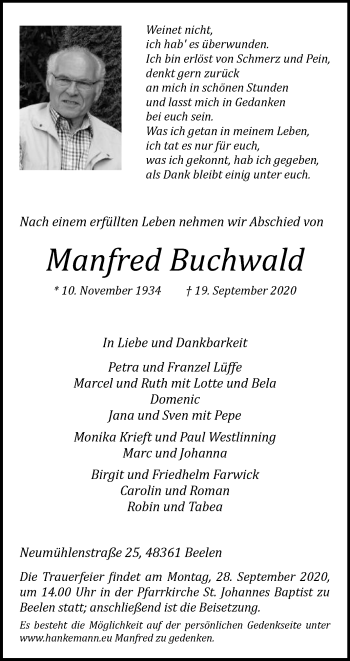 Traueranzeige von Manfred Buchwald von Die Glocke