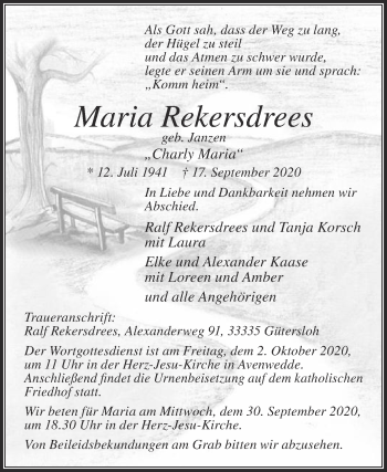 Traueranzeige von Maria Rekersdrees von Die Glocke