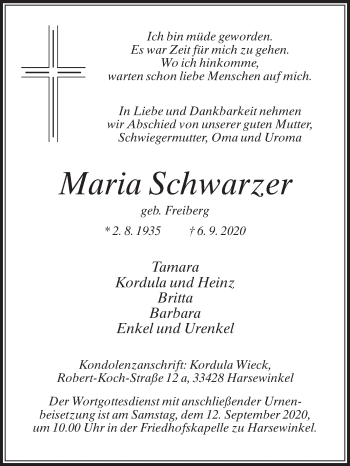 Traueranzeige von Maria Schwarzer von Die Glocke
