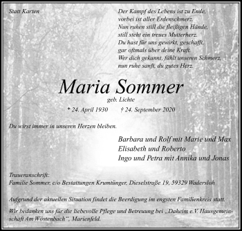 Traueranzeige von Maria Sommer von Die Glocke