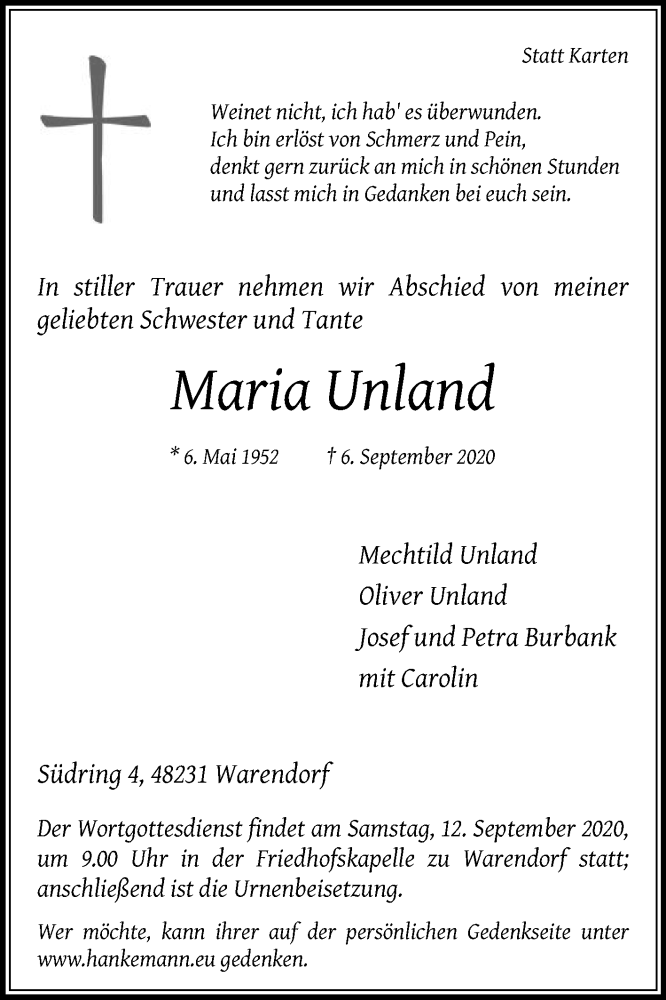  Traueranzeige für Maria Unland vom 09.09.2020 aus Die Glocke