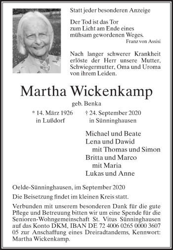 Traueranzeige von Martha Wickenkamp von Die Glocke