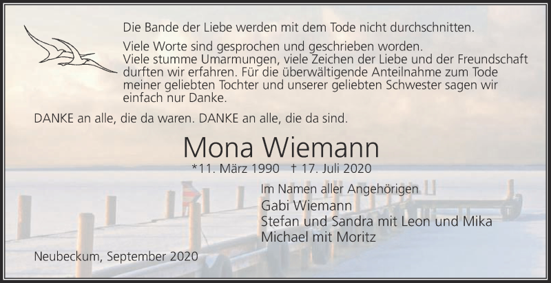  Traueranzeige für Mona Wiemann vom 12.09.2020 aus Die Glocke