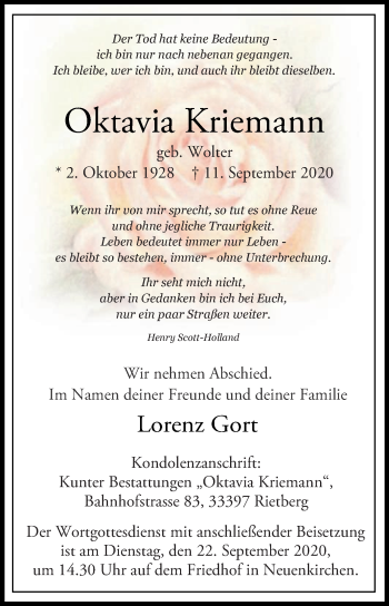 Traueranzeige von Oktavia Kriemann von Die Glocke