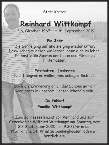 Traueranzeige von Reinhard Wittkampf von Die Glocke