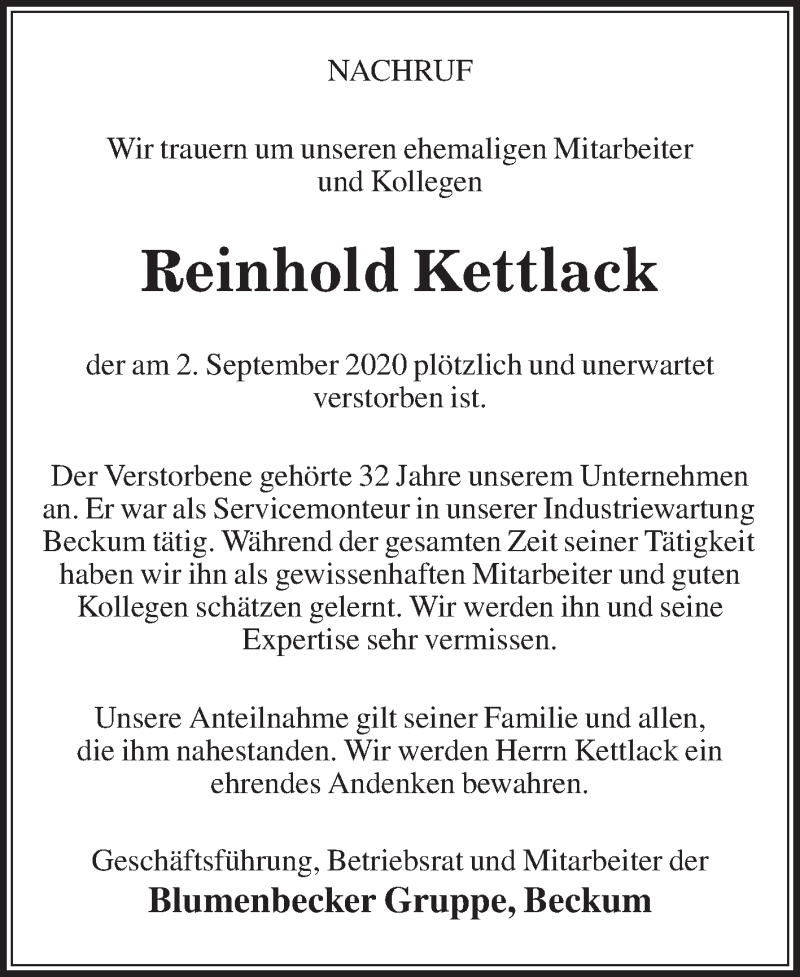  Traueranzeige für Reinhold Kettlack vom 09.09.2020 aus Die Glocke