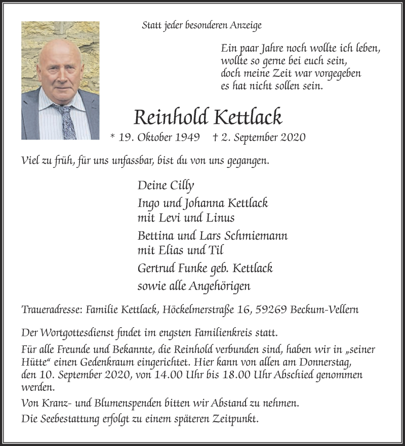  Traueranzeige für Reinhold Kettlack vom 05.09.2020 aus Die Glocke