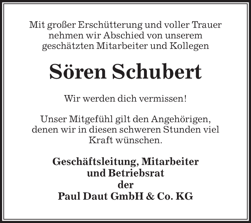  Traueranzeige für Sören Schubert vom 19.09.2020 aus Die Glocke
