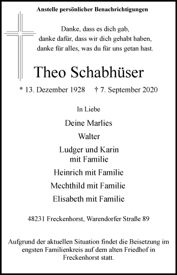 Traueranzeige von Theo Schabhüser von Die Glocke