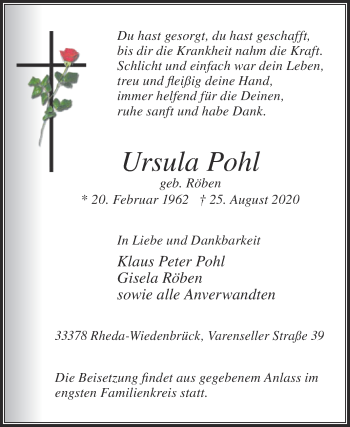 Traueranzeige von Ursula Pohl von Die Glocke