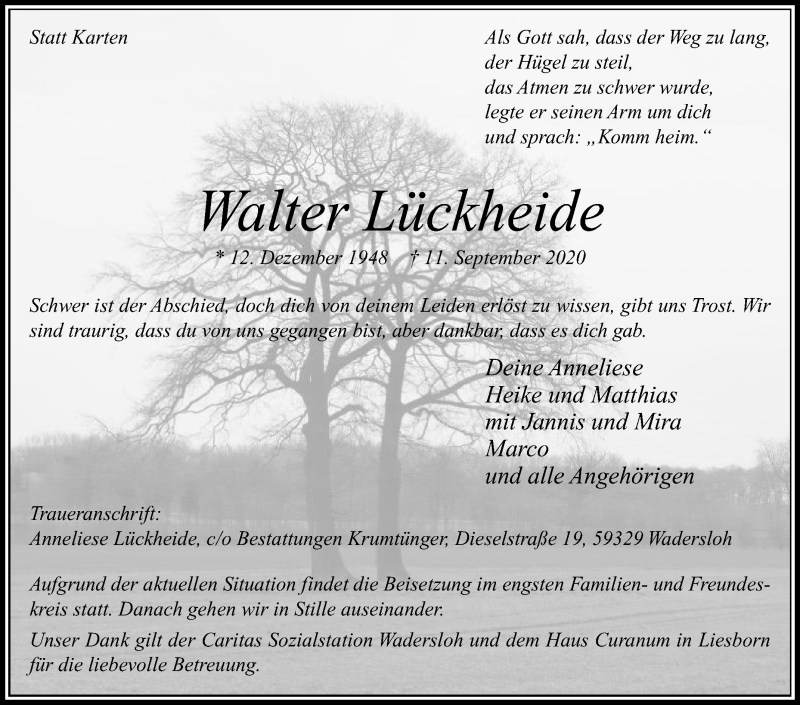 Traueranzeige für Walter Lückheide vom 16.09.2020 aus Die Glocke