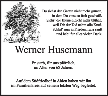 Traueranzeige von Werner Husemann von Die Glocke