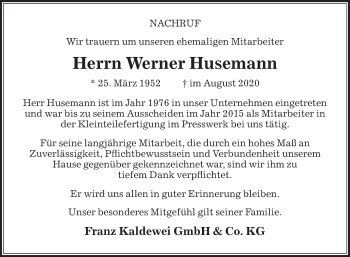Traueranzeige von Werner Husemann von Die Glocke