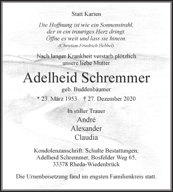 Traueranzeige von Adelheid Schremmer von Die Glocke