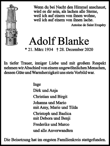 Traueranzeige von Adolf Blanke von Die Glocke