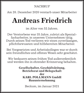 Traueranzeige von Andreas Friedrich von Die Glocke