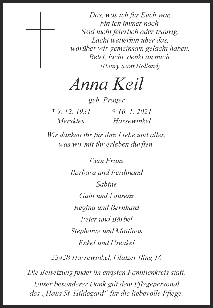  Traueranzeige für Anna Keil vom 20.01.2021 aus Die Glocke