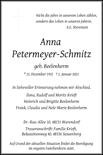 Traueranzeige von Anna Petermeyer-Schmitz von Die Glocke