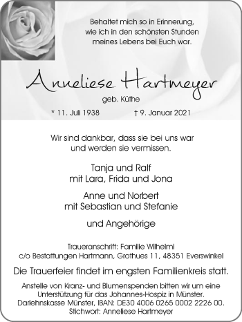 Traueranzeige von Anneliese Hartmeyer von Die Glocke